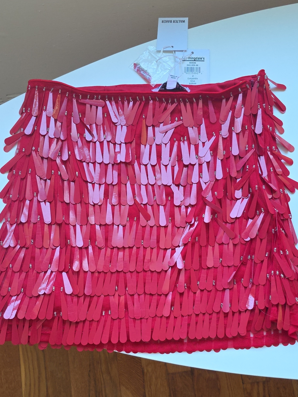 Walter Baker Red Sequin Fringe Mini Skirt